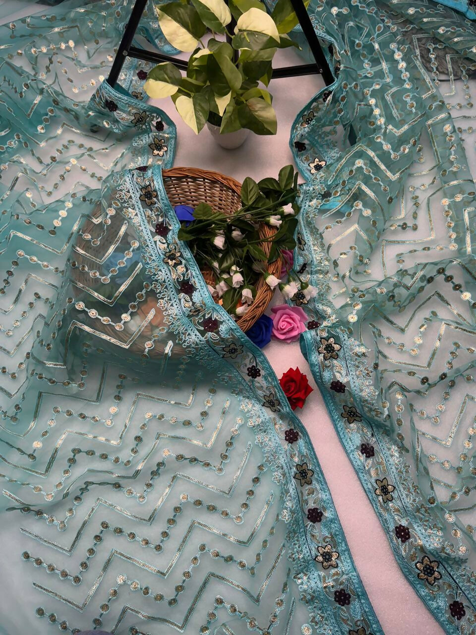 Vastranavya Butterfly Net Designer Chain Stitch Embroidery Work with Foil Thread & Stone Work Saree with Blouse Material - Turquoise