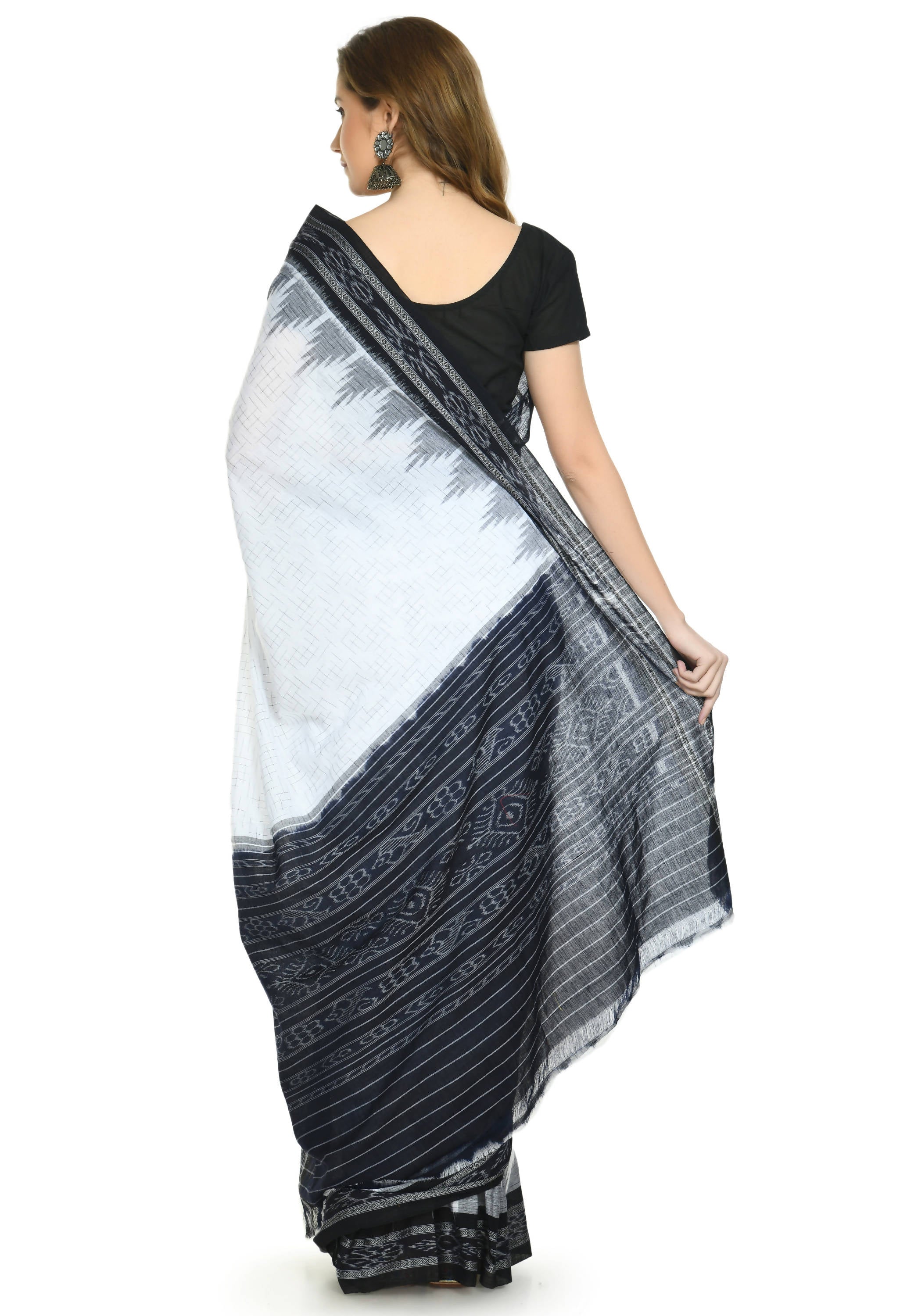 Vamika Sambalpuri Ikat Cotton Jharana White & Black Saree