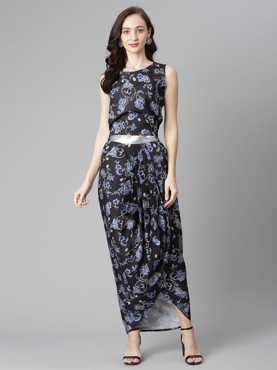 Ahalyaa Women's Black Crepe Digital Print Top Skirt With Shrug