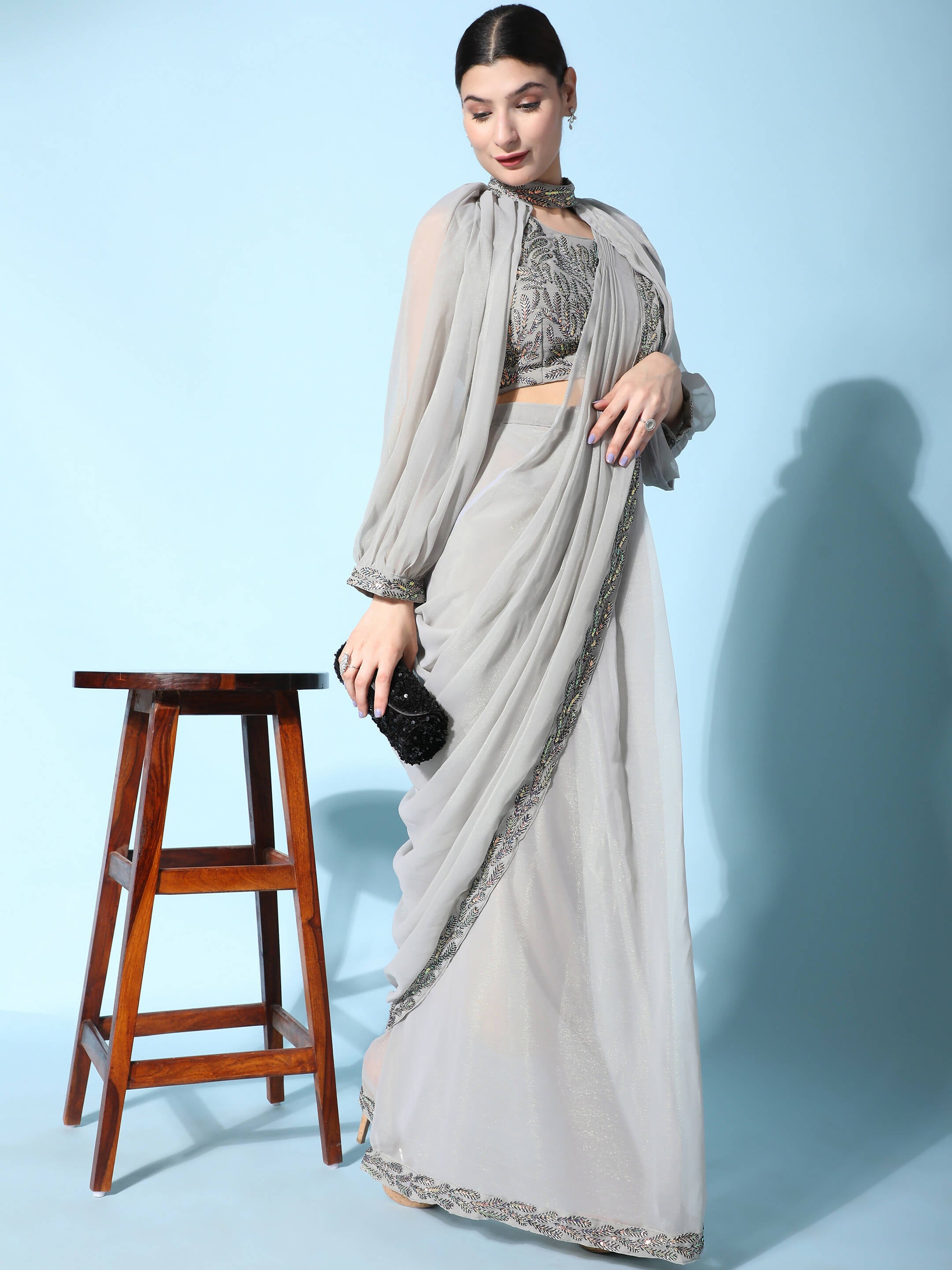Grey Fancy Pure Fabric Plain Ready to wear Saree with stitched Blouse - Vrinda