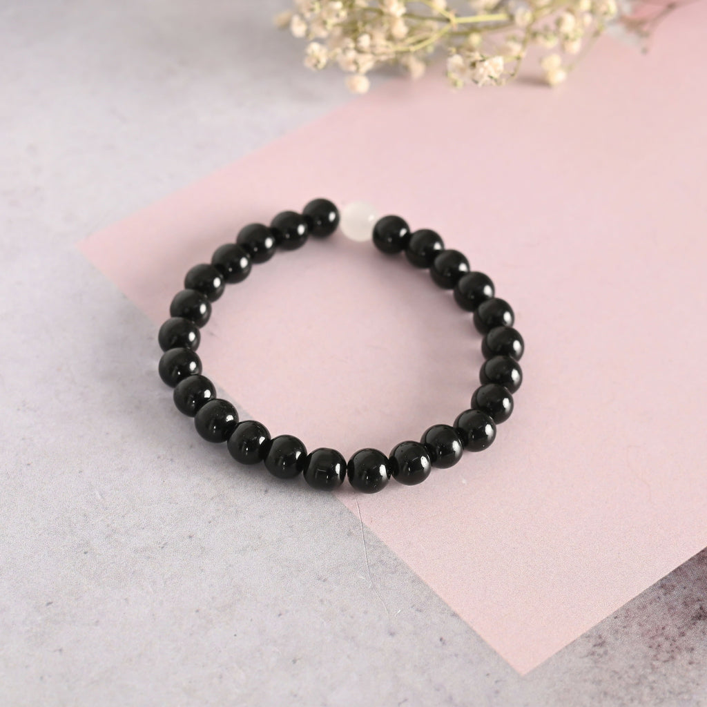 NVR Men & Women Black Marble Crystal Beaded Elasticated Bracelet