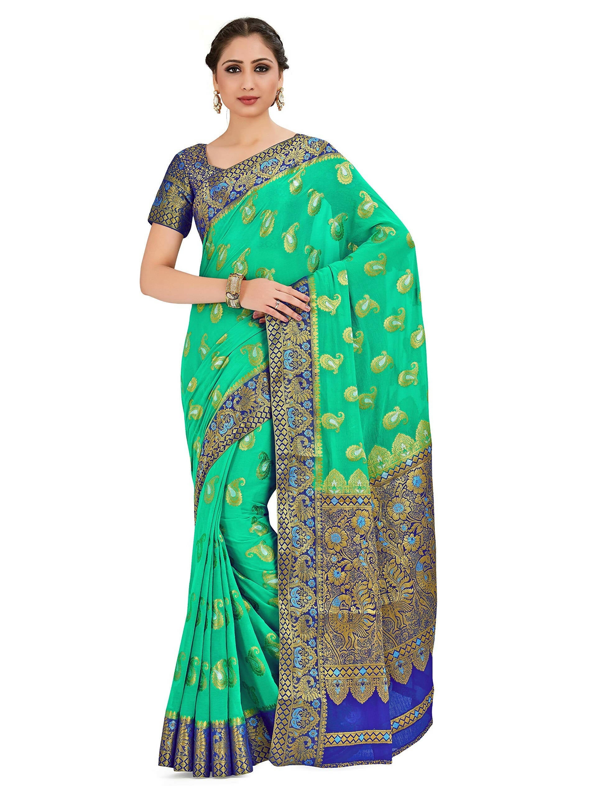 Mimosa Women's Green Banarasi Chiffon Saree