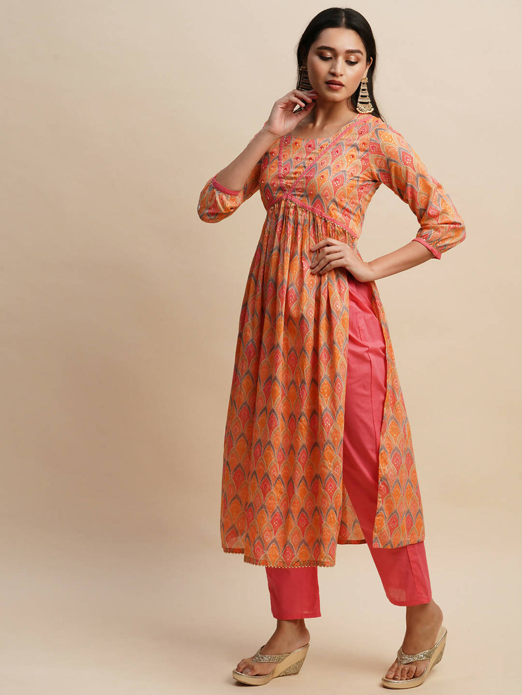 Orange Pure Cotton Bandhani Printed Naira Cut Kurta And Bottom With Dupatta - Akashara