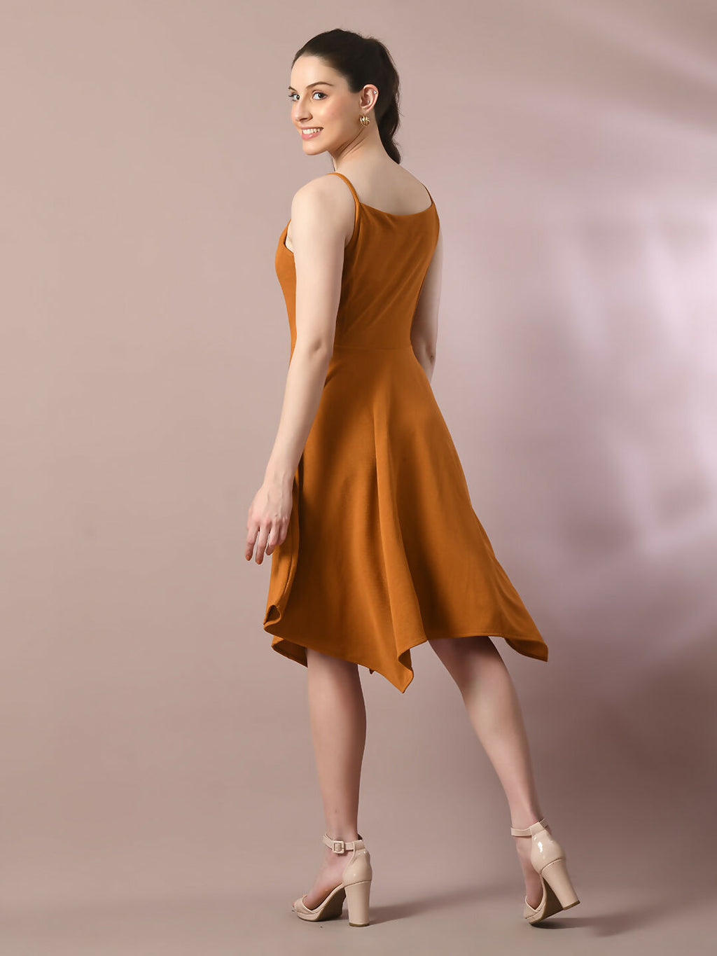Myshka Women's Mustard Solid Shoulder Straps Fit and Flare Party Dress