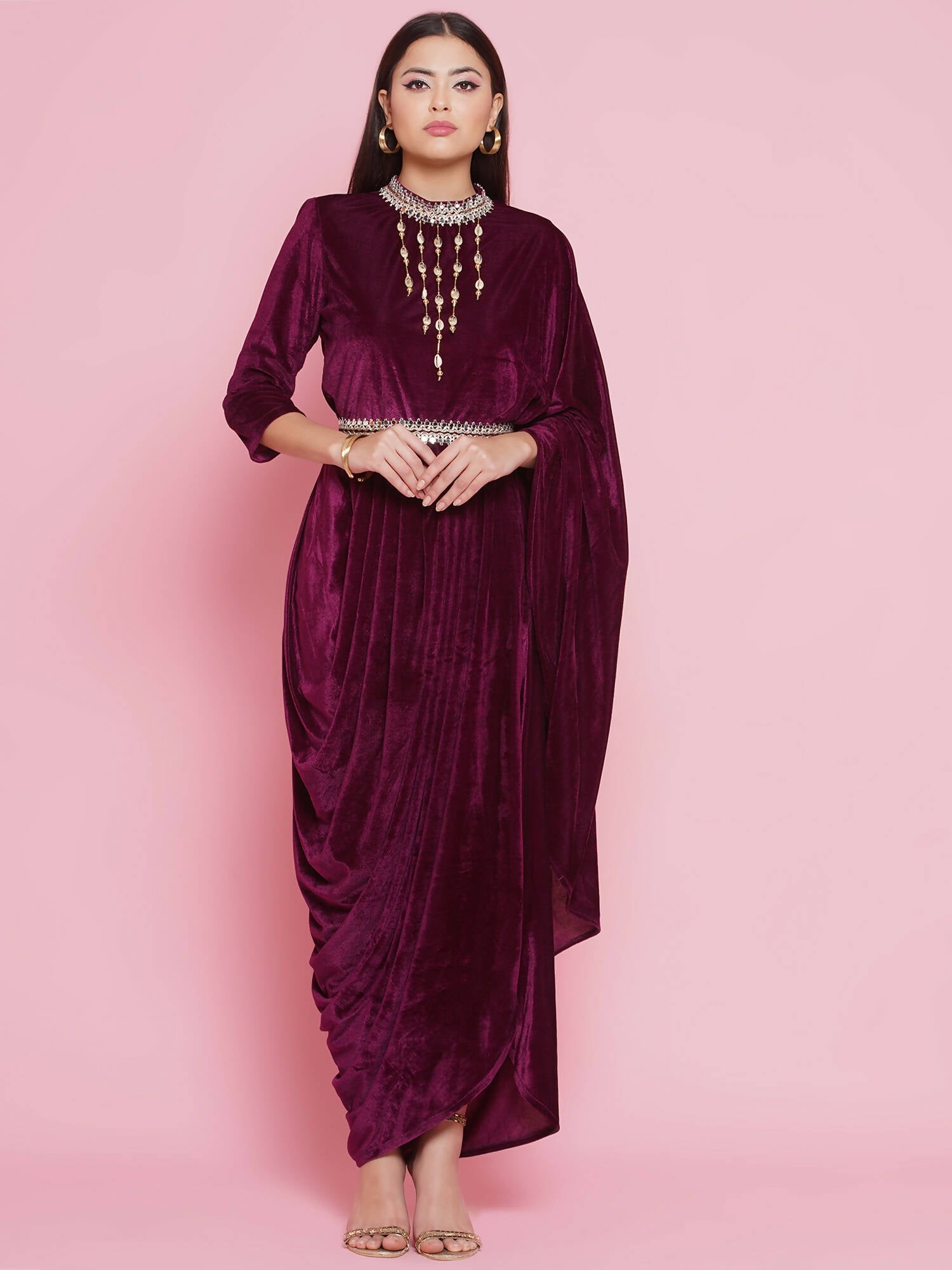 Women Republic Burgundy Velvet Kurta With Attached Neckalace,Belt And Pant