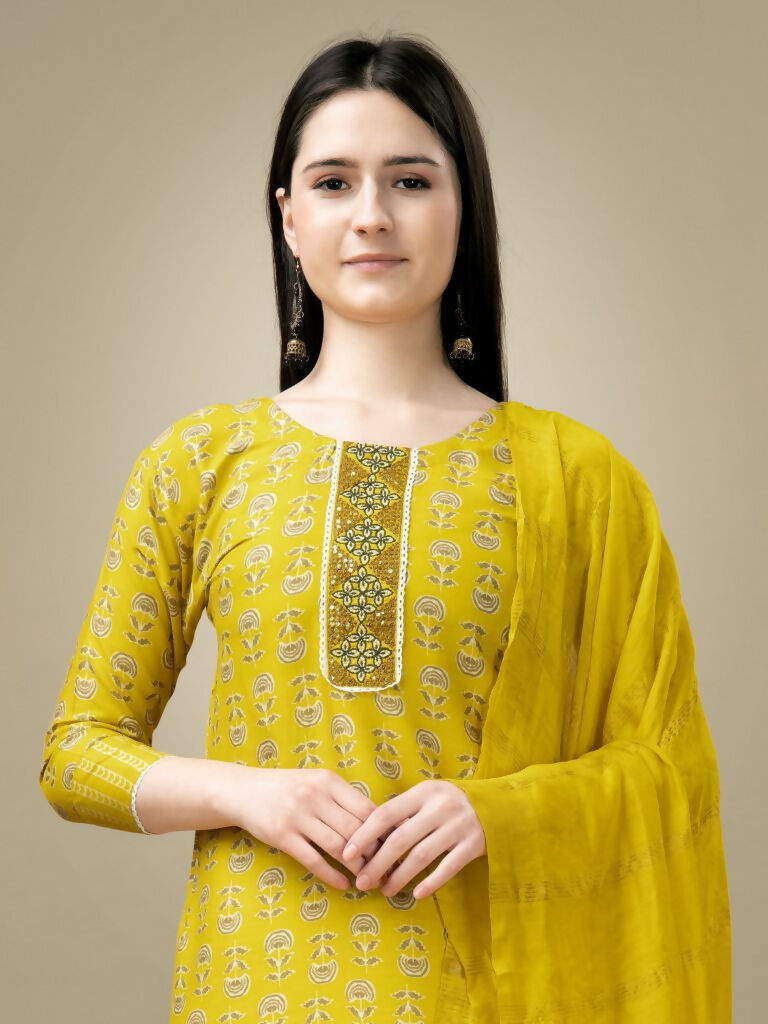 Jyoti Fashion Women's Yellow Rayon Embroidery & Sequence work Kurta with Trouser & Dupatta