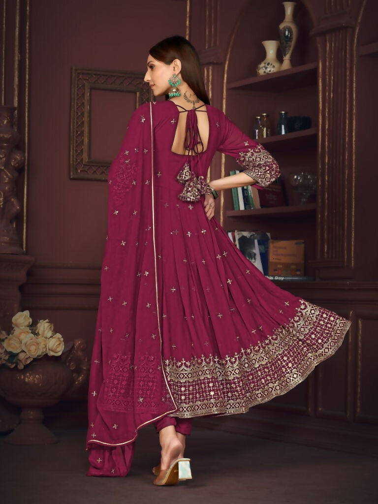 Jyoti Fashion Women's Rani Pink Georgette Embroidered Anarkali Kurta Pant Set With Dupatta