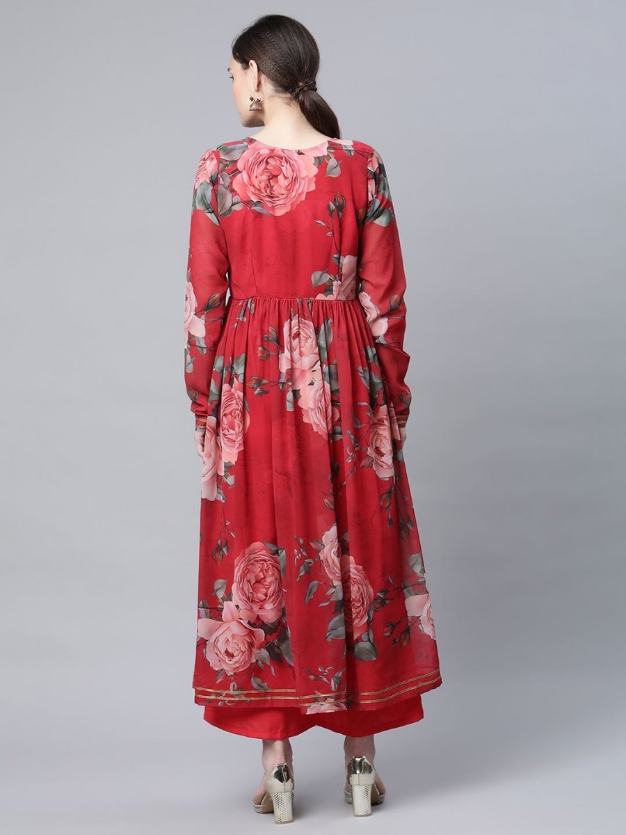Ahalyaa Women Red Georgette Digital Floral Printed Kurta Palazzo Set
