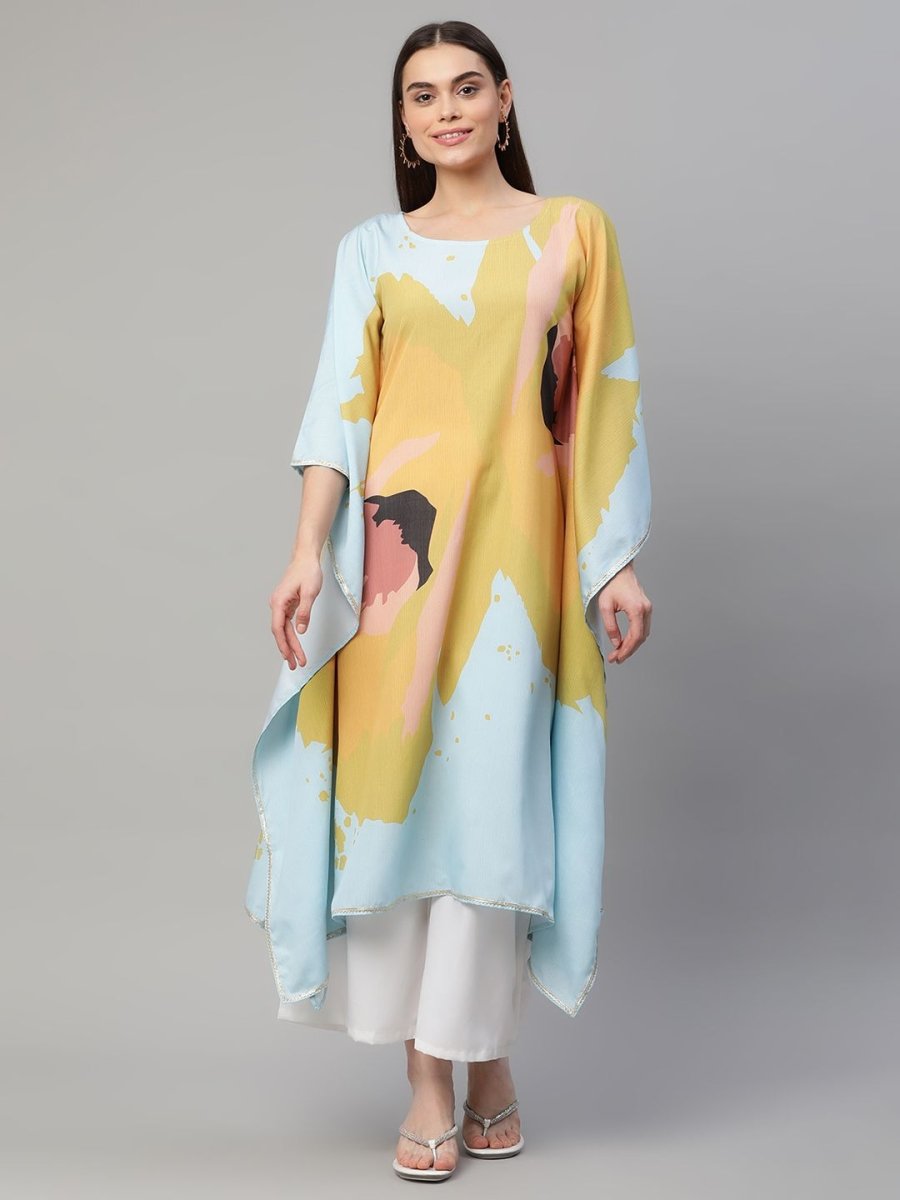 Ahalyaa Women Yellow Crepe Digital Printed Kaftan Kurta with Palazzos
