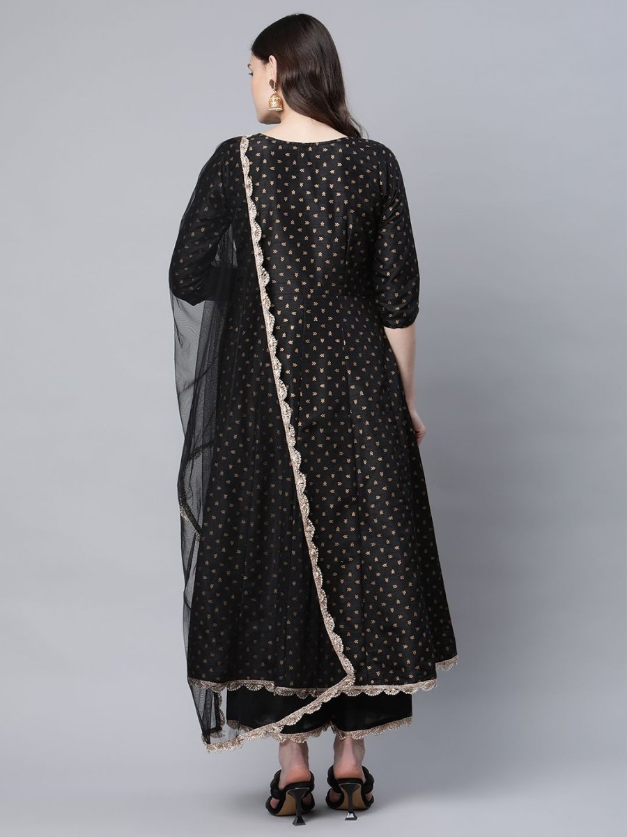 Ahalyaa Women Black Poly Silk Gold Printed Anarkali Kurta Palazzo Set With Dupatta