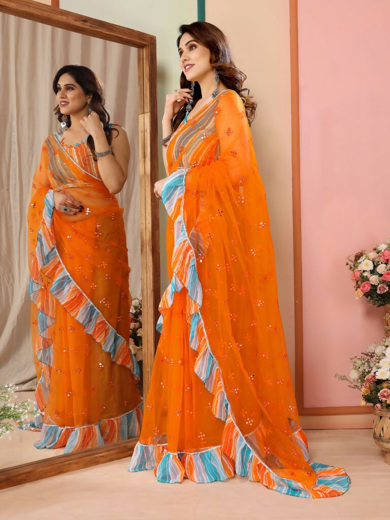 Partywear Designer Orange Net Fancy Saree - Dyuti