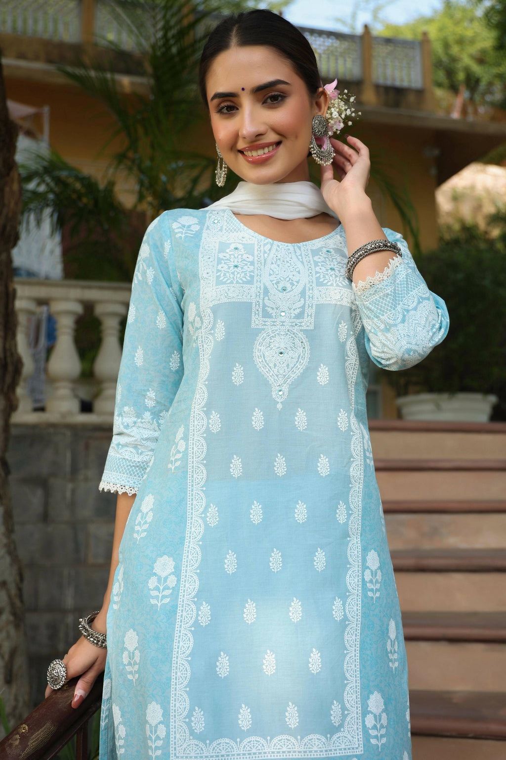 Juniper Women's Skyblue Printed Straight Kurta Sets
