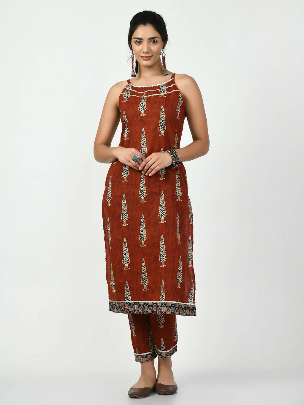Myshka Women's Rust Straight Printed Kurta