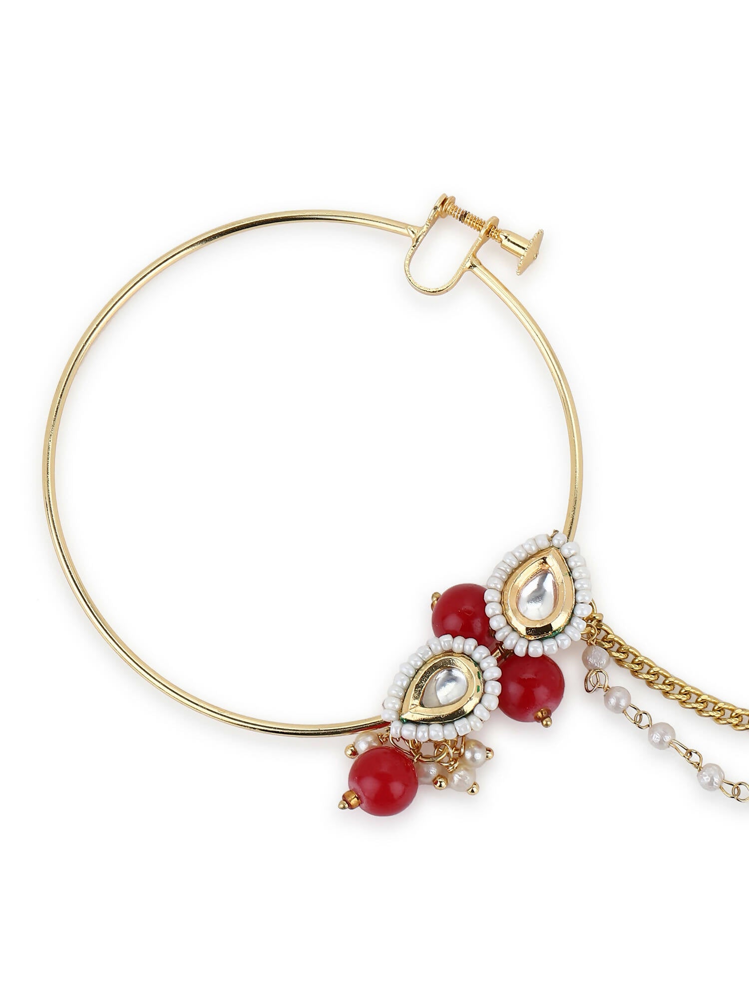 Gold-Pleated Red White Kundan Studded Beaded Nosepin - Ruby Raang