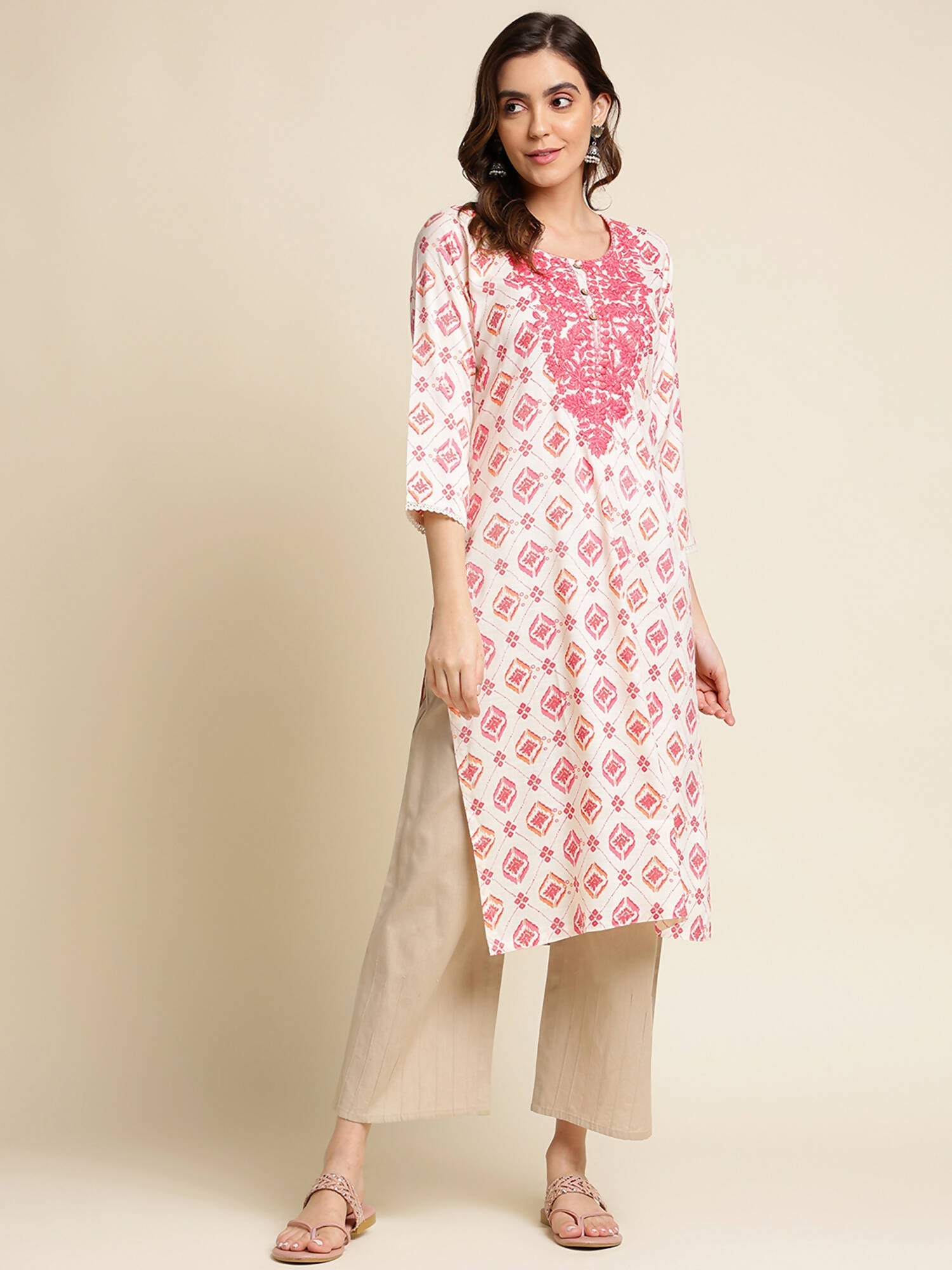 Pink Poly Rayon Aztec Printed Straight Fit Kurta - Prasuti