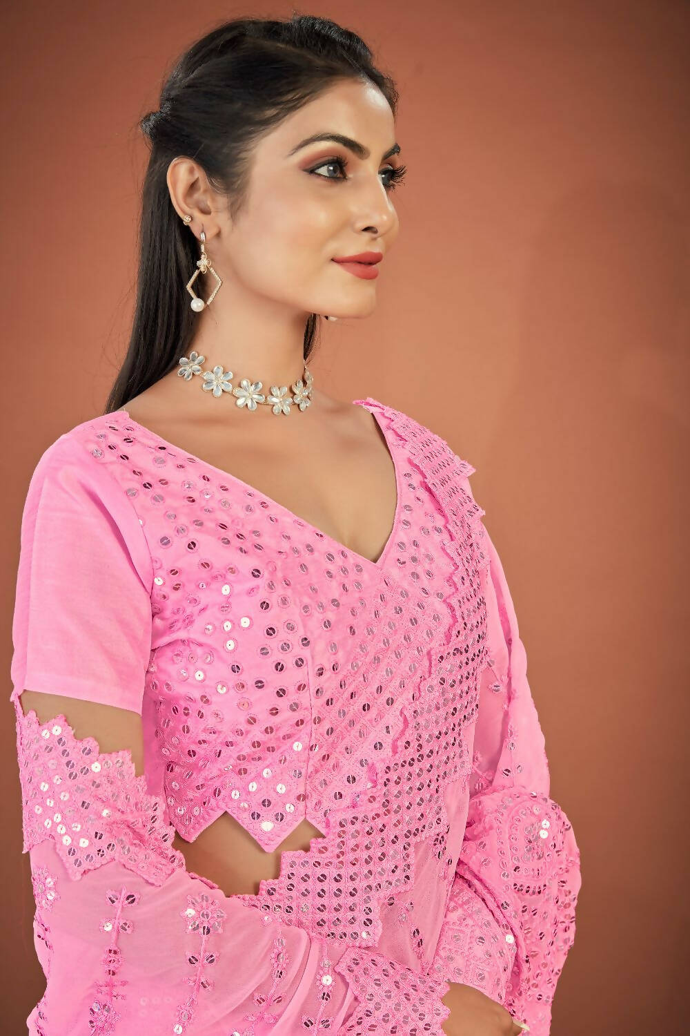 Vamsee Pink Georgette Designer Saree