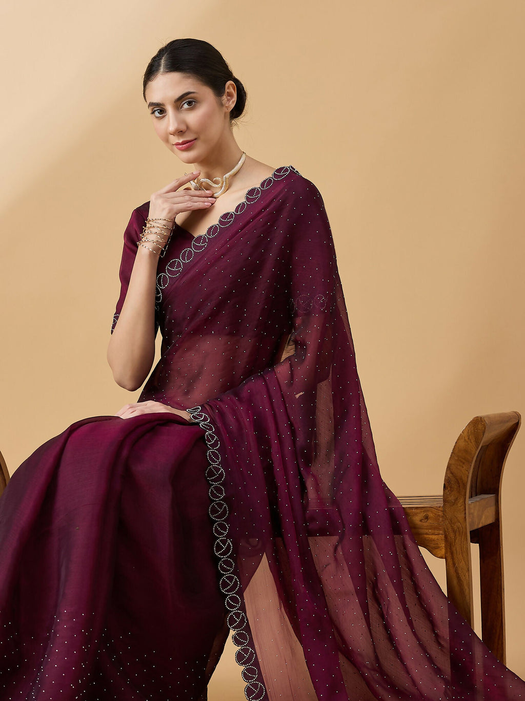 Purple Organza Swaroski Diamond Work Saree with Unstitched Blouse - Radha