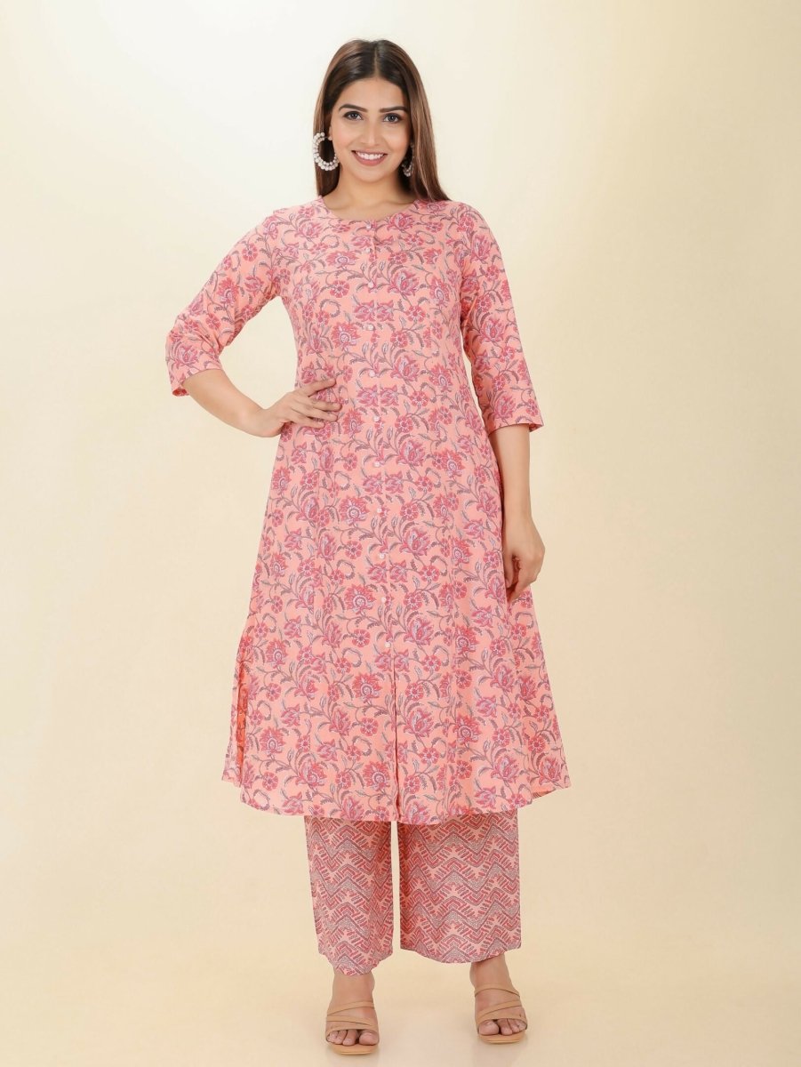Aramya Pink Soft Cotton Floral Print A-line Kurta Set for Women