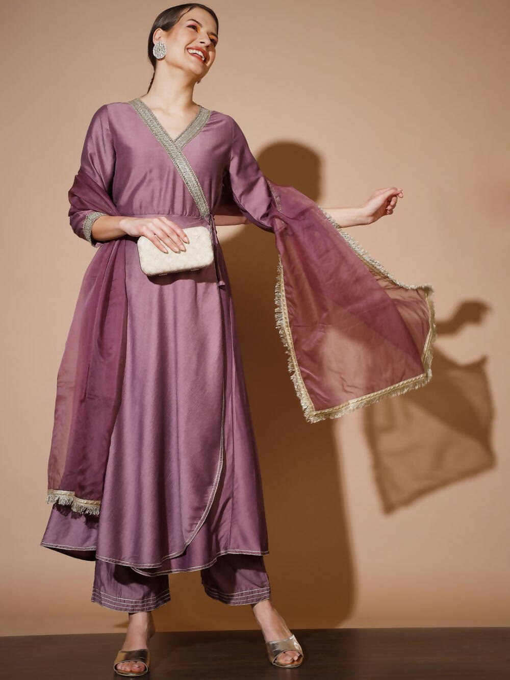 Myshka Women Mauve Solid Kurta & Palazzos With Dupatta