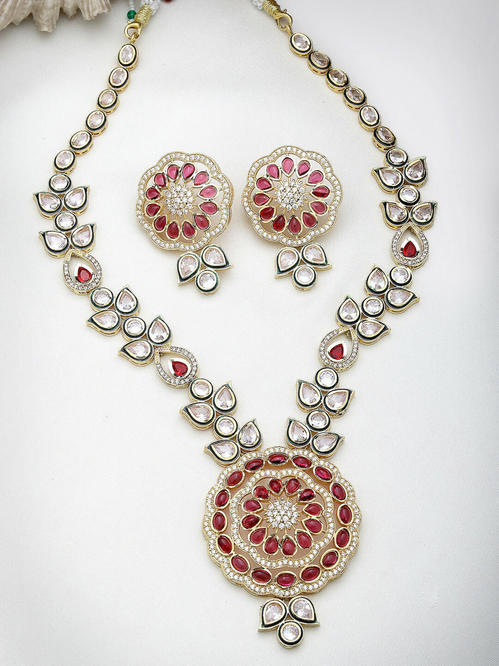 NVR Women's Set of 2 Red & Gold Kundan Studded Jewellery Set Choker & Long Necklace With Earrings