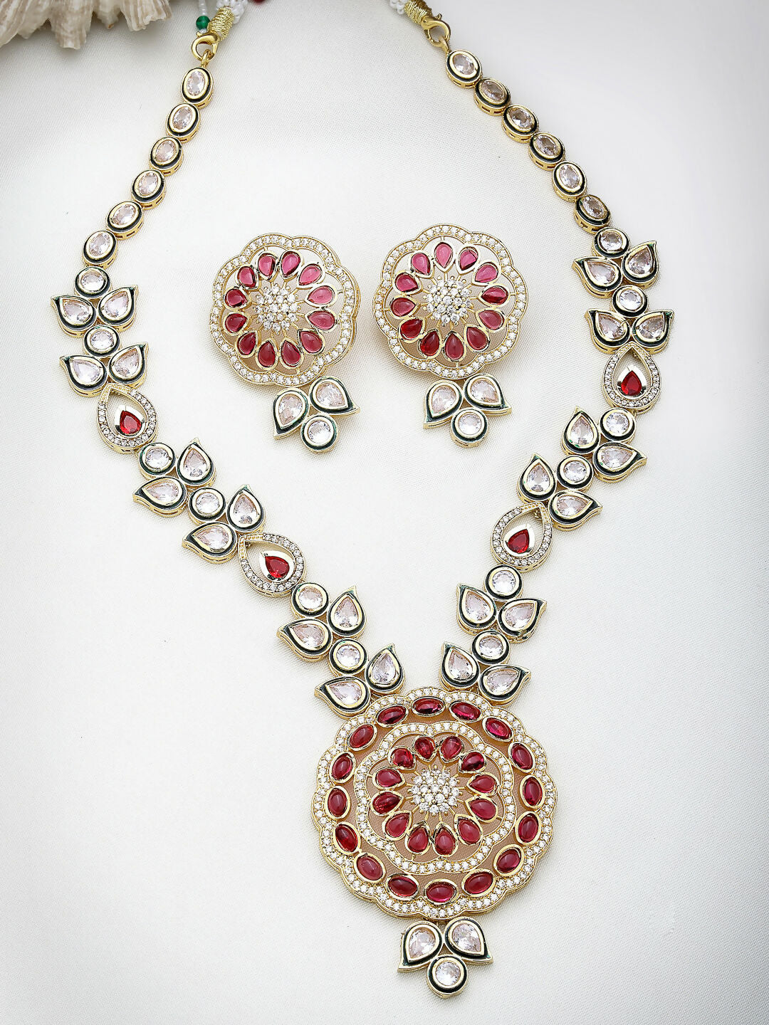 NVR Women's Set of 2 Red & Gold Kundan Studded Jewellery Set Choker & Long Necklace With Earrings