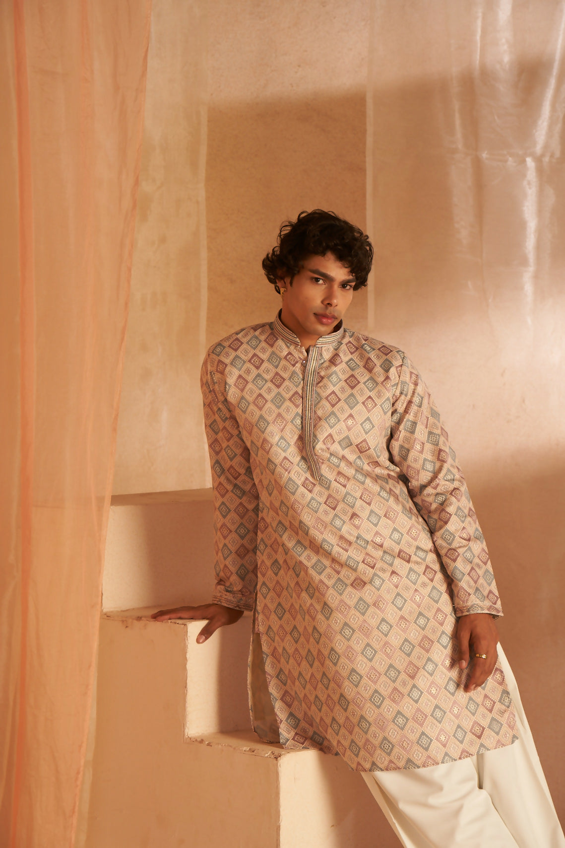 Cream Viscose Wevon Designer Men's Kurta Set - Mahotsav