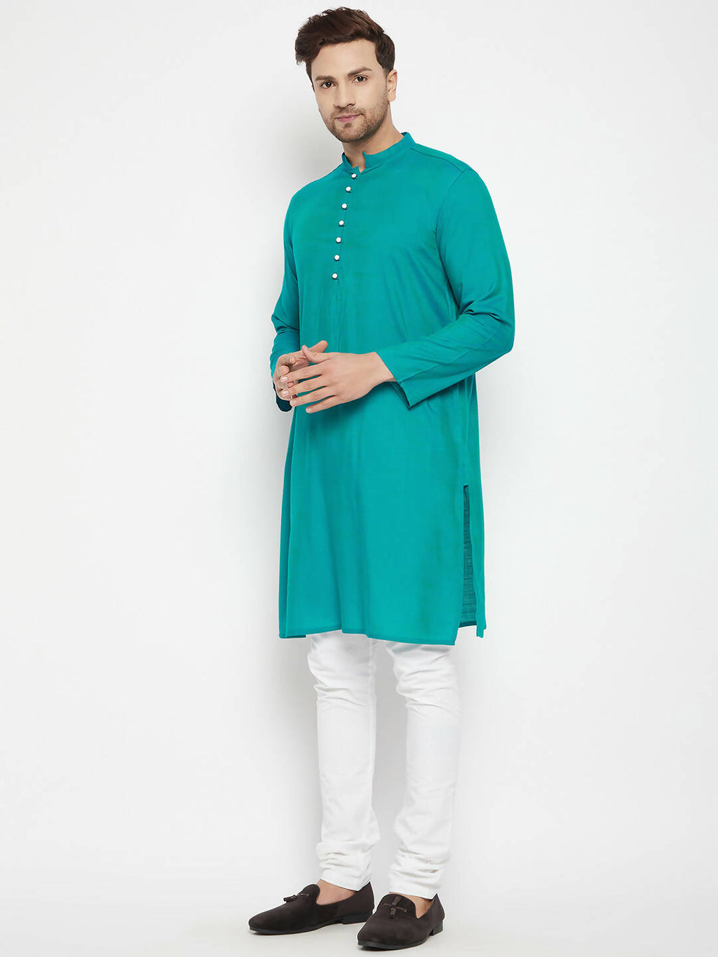 Even Apparels Blue Pure Cotton Long Men's Kurta With Band Collar