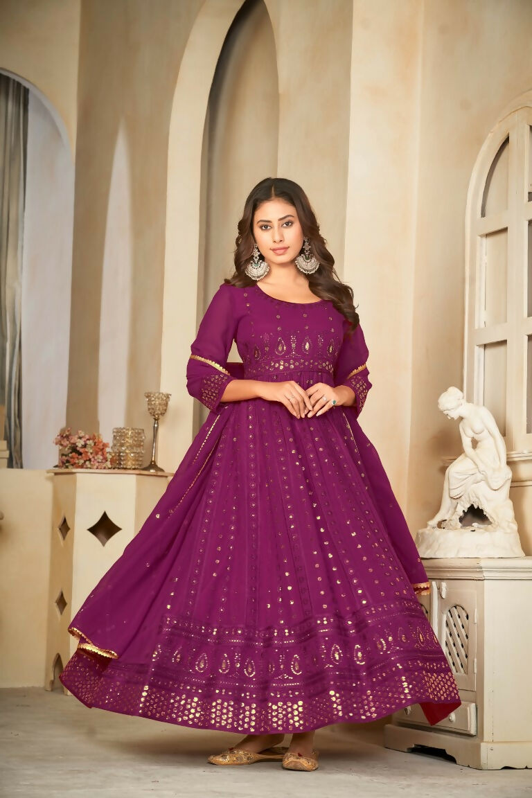 Jyoti Fashion Women's Wine Georgette Embroidered Anarkali Kurta Pant Set With Dupatta