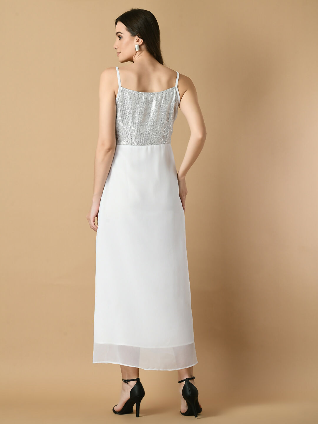 Myshka Women's White Solid Georgette Party Dress