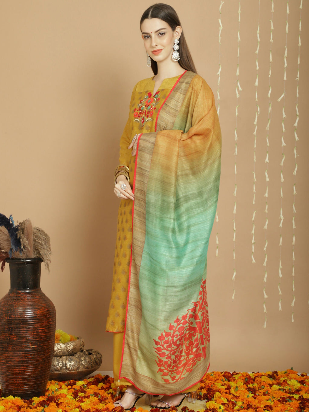 Jyoti Fashion Women's Yellow Chanderi Silk Elegant Jardoshi Semi Kurta with Trouser & Dupatta