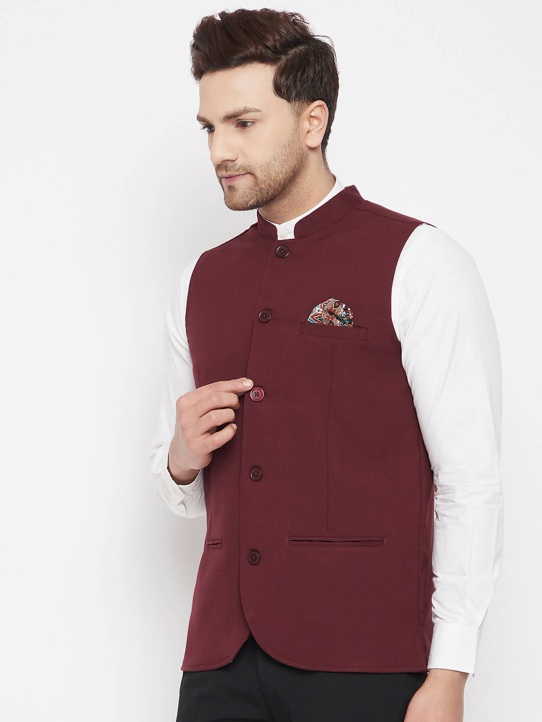 Even Apparels Maroon Merino Men's Nehru Jacket-Contrast Lining-Inbuilt Pocket Square