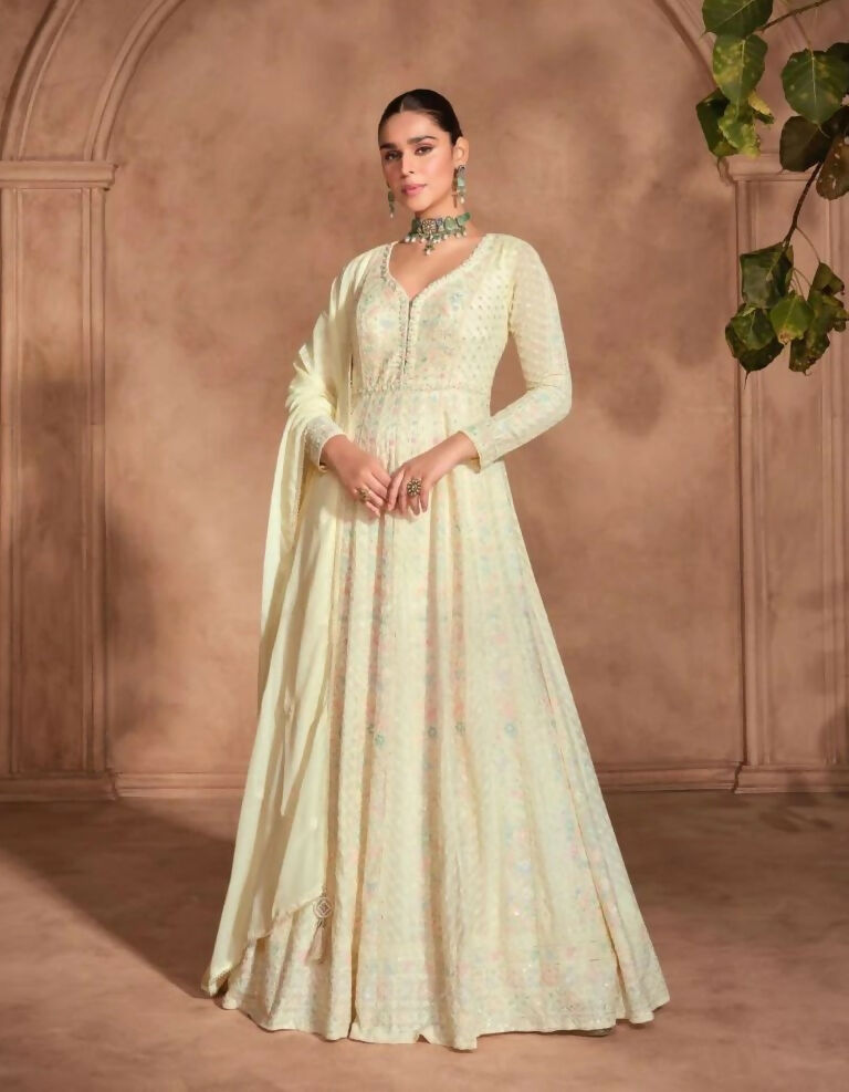 Vastranavya Cream Chikankari Embroidered Sequence Work Abaya Suit