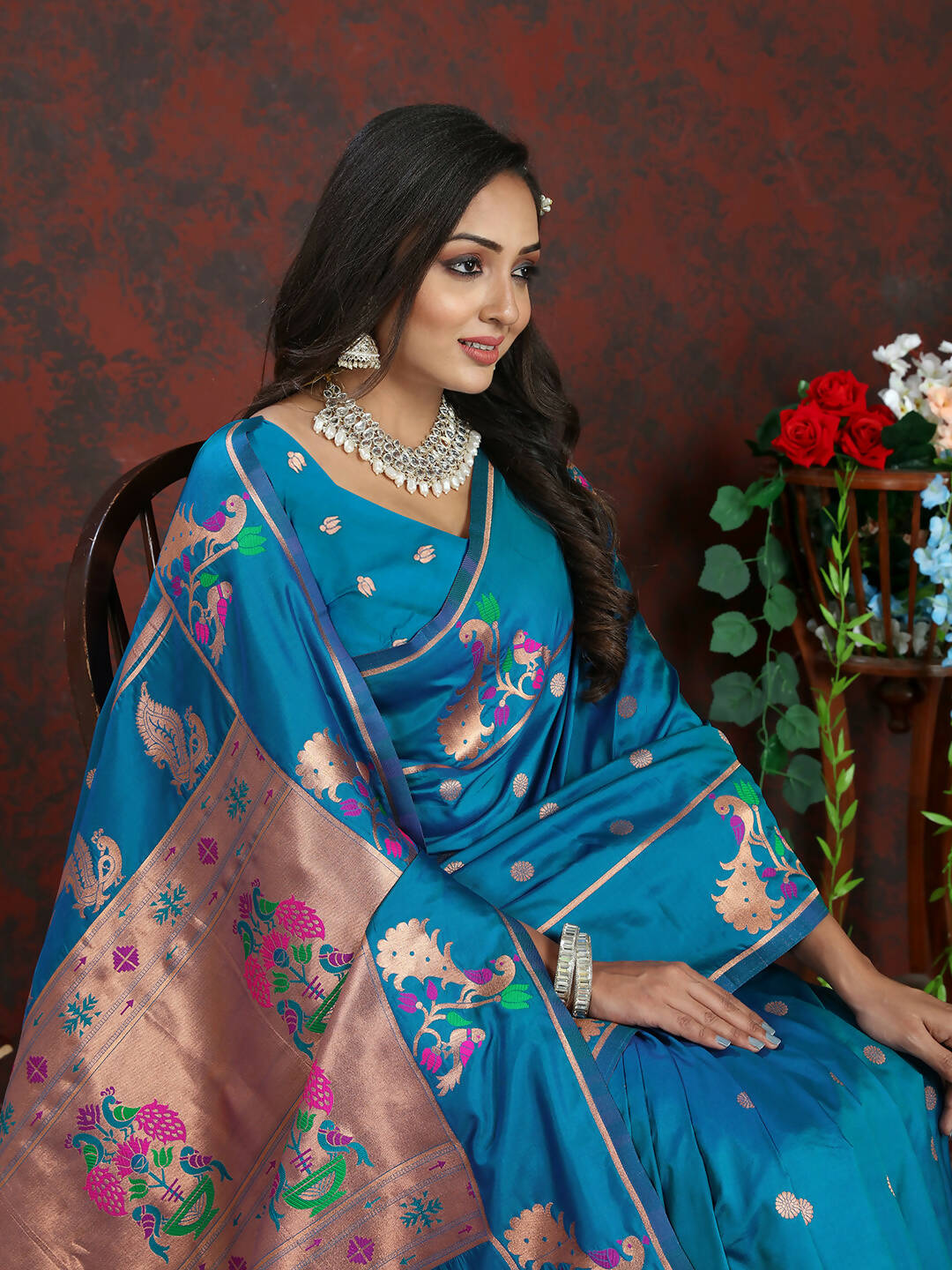 Lorenvalley Fashion Rama Soft Paithani Silk Woven Design Copper Zari Meenakari Weaving Saree