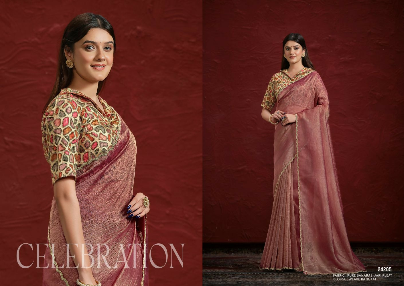Light Maroon Pure Banarasi Jari pleat Stone with Handwork Saree with Stitched Blouse - Mohmanthan Aaina
