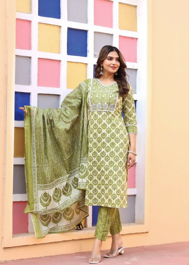 Alvano Printed 3Pcs Straight Kurti with Pant and Dupatta set for women and Girls Rayon (Light Green)