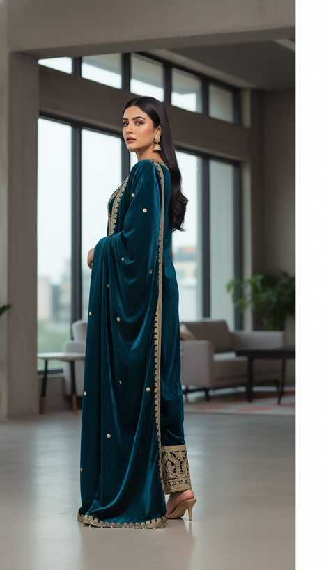 Teeya Creation Teal Color Velvet Fabric Designer Embroidery Work Suit