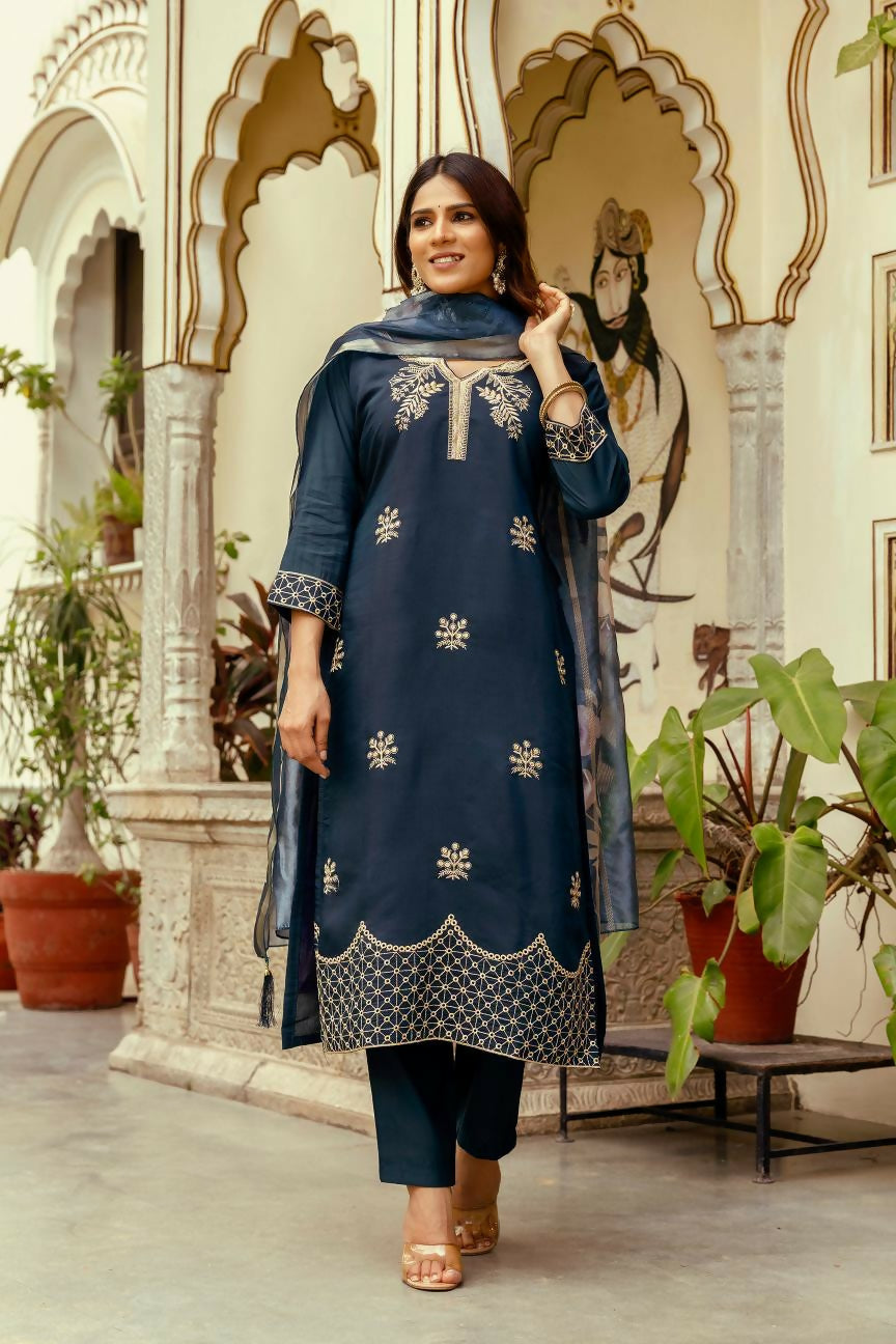 The52 Navy Blue Women's Beautiful Viscose Chanderi Fabric Thread Work Straight Kurta Pant and Dupatta Set