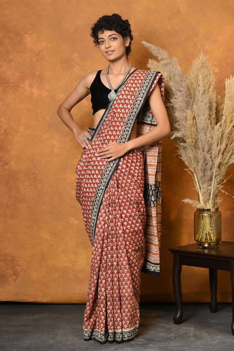 Very Much Indian Handblock Printed Cotton Saree With Natural Dyes - Orange