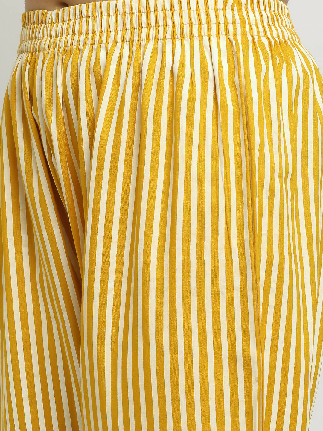 Rudra Bazaar Mustard Printed Bell Sleeve Straight Kurta with Striped Pyjamas
