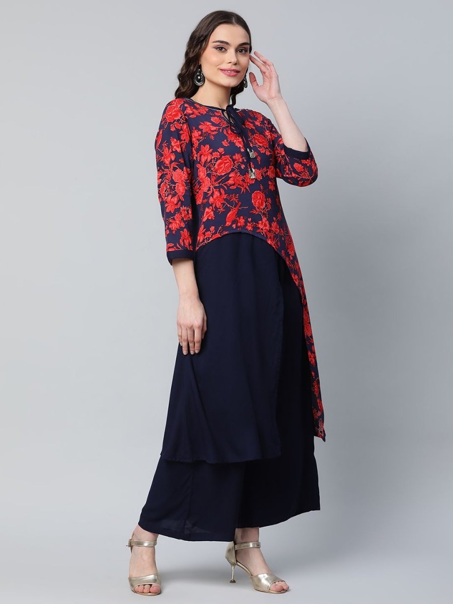 Ahalyaa Women's Navy Blue Rayon Wax Printed Kurta Palazzo Set