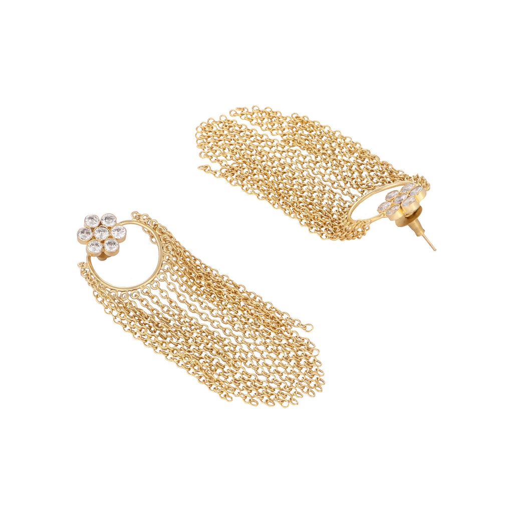 Nuyug 22K Gold Plated Crystal Studded Floral Stud Contemporary Dangler Earrings
