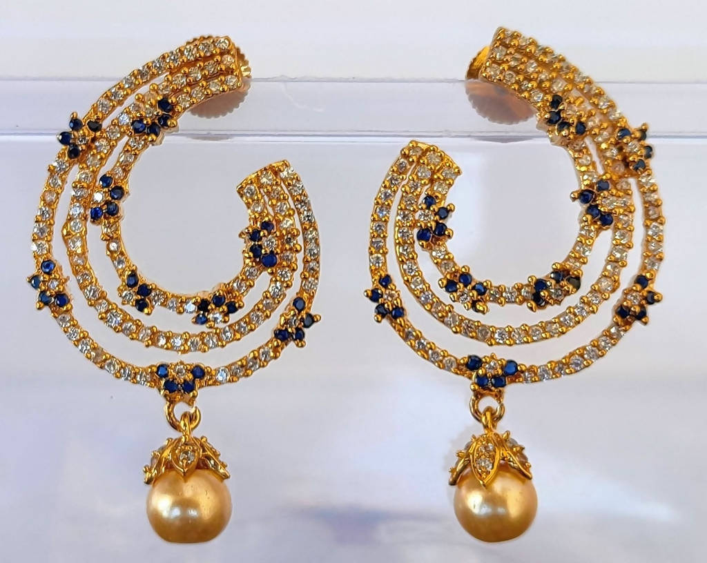 Blue AD Designer Pearl Drop Earrings
