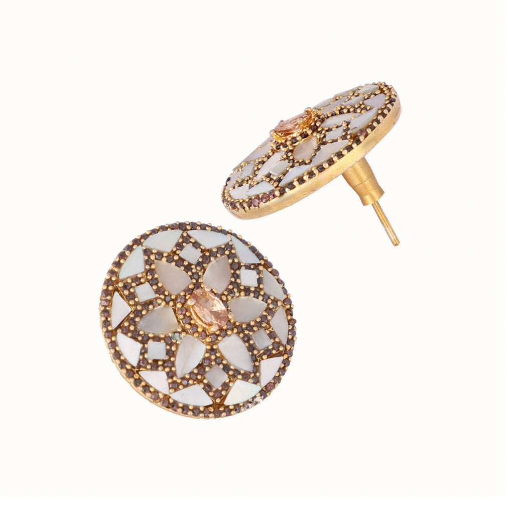 Nuyug 22K Gold Plated Mother of Pearls and Stone Studded Contemporary Floral Shaped Studs