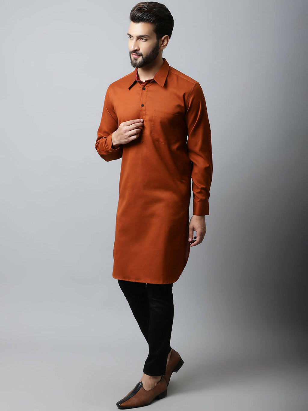 Even Apparels Brown Color Pure Cotton Solid Men's Kurta With Shirt Collar (SLD1137)