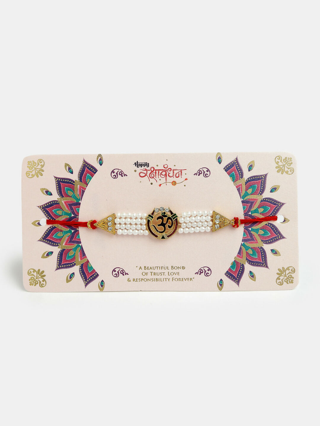 NVR Men Set of 4 Gold-Toned Stone-Studded & Beaded Rakhi With Roli Chawal & Chocolate