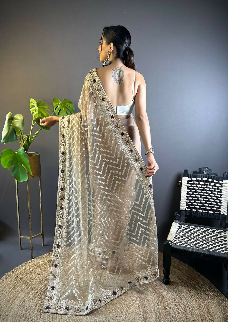 Vastranavya Butterfly Net Designer Chain Stitch Embroidery Work with Foil Thread & Stone Work Saree with Blouse Material - Beige