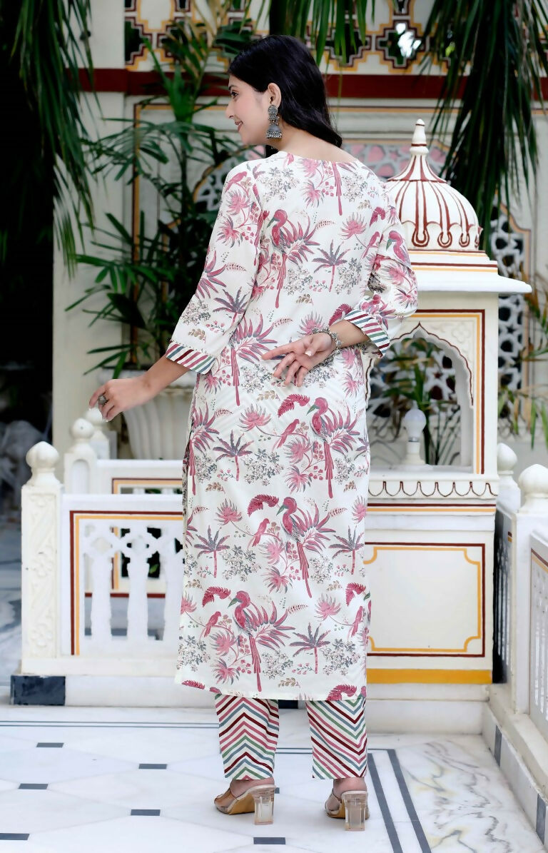 Miravan Women's Cotton Light Pink Scenic Birds And Leaf Straight Pakistani Style Suit Set