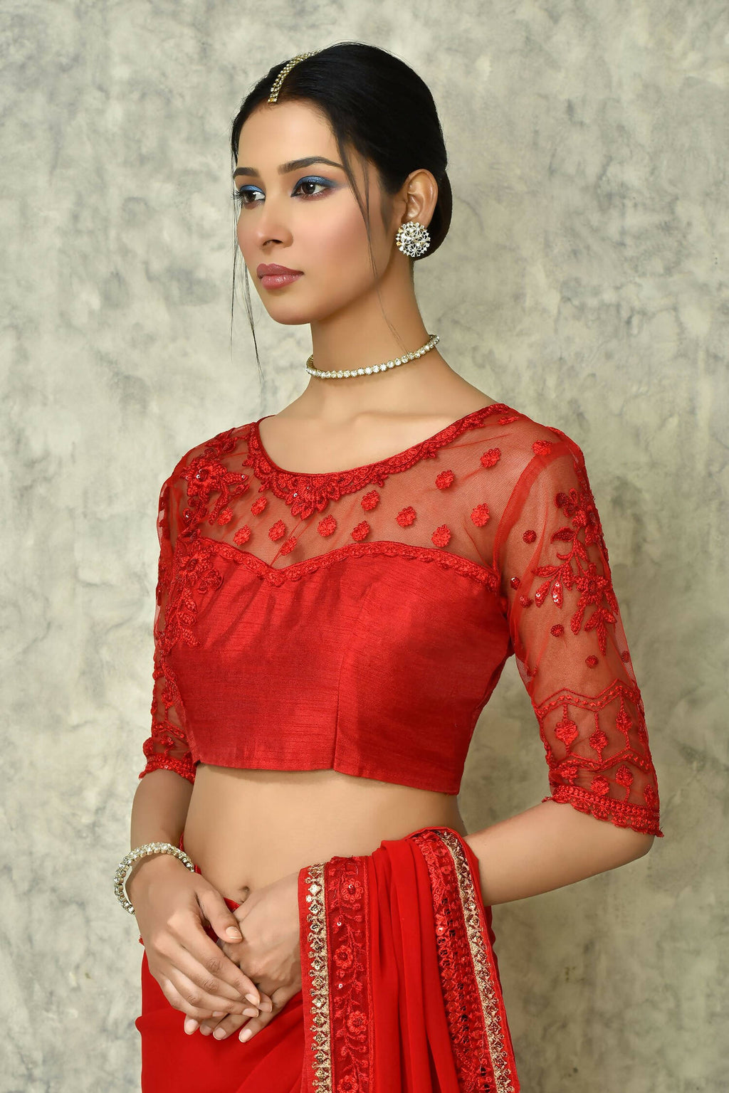 Red Georgette Plain Saree with Blouse Piece - Purvi