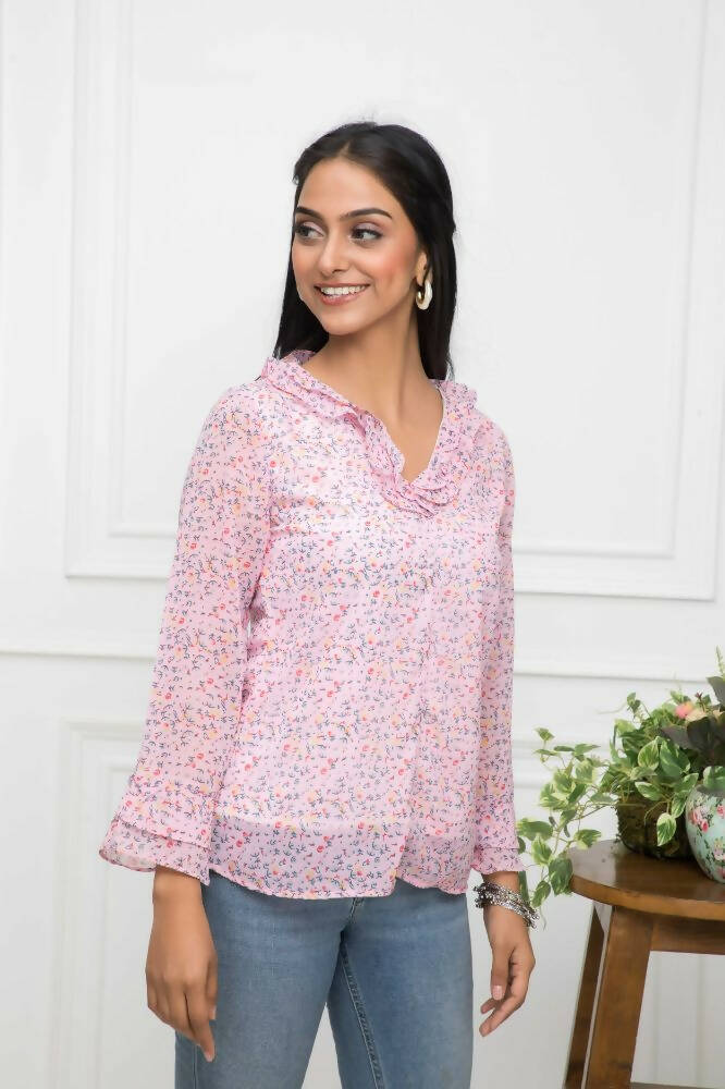 Myshka Women Pink Floral V-Neck Regular Sleeves Synthetic Georgette Top