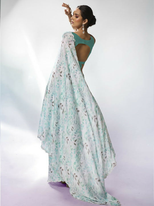 Sea Green Satin Georgette Designer Printed Saree - Shezlin